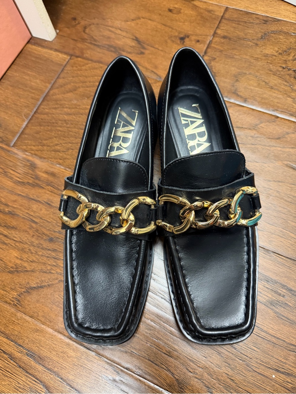 Zara Black Leather Loafers with Gold Chain